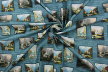 Load image into Gallery viewer, From the &quot;Inspirations for Living&quot; collection by Thomas Kinkade, this fabric depicts different scenes of chapels in a patchwork design with the Lord&#39;s Prayer in the background.  The details and colors of each chapel are extraordinary.  The versatile lightweight fabric is soft and easy to sew.  It would be great for quilting, crafting and sewing projects.  Colors include yellow, red, orange, white, blue, teal, green, pink and black.
