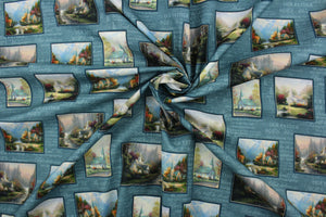 From the "Inspirations for Living" collection by Thomas Kinkade, this fabric depicts different scenes of chapels in a patchwork design with the Lord's Prayer in the background.  The details and colors of each chapel are extraordinary.  The versatile lightweight fabric is soft and easy to sew.  It would be great for quilting, crafting and sewing projects.  Colors include yellow, red, orange, white, blue, teal, green, pink and black.
