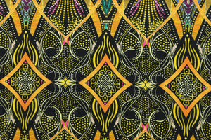 Windows is an intricate print from the Duets Collection and features a kaleidoscope of colors. The versatile lightweight fabric is soft and easy to sew.  It would be great for quilting, crafting and sewing projects.  Colors include orange, gold, pink, blue, green, yellow and black.