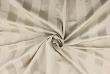 Load image into Gallery viewer, This fabric features a wide stripe design in a pale taupe  with  a slight shine.
