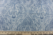 Load image into Gallery viewer,   This elegant fabric from the Enchanted Garden collection offers a beautiful damask design in an ocean blue and dusty blue on a white background.
