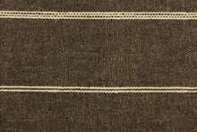 Load image into Gallery viewer, This fabric features a horizontal stripe design in light beige against   brown. 
