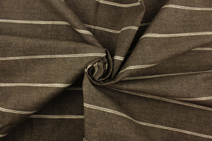 This fabric features a horizontal stripe design in light beige against   brown. 