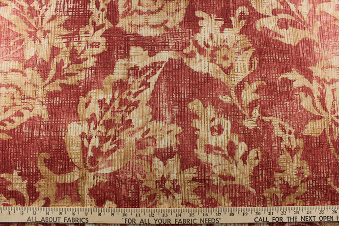 : A unique pattern featuring a floral design that is visible from a distance and blurs or blends as you get closer in shades of dark and lighter red  along with cream and khaki brown .