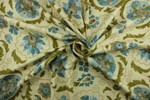 This multi purpose fabric features a floral and vine design in shades of blue, brown, dark khaki and olive green on a beige background. It can be used for several different statement projects including window accents (drapery, curtains and swags), decorative pillows, hand bags, bed skirts, duvet covers, upholstery and craft projects.  It has a soft workable feel yet is stable and durable.
