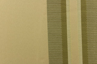  This rich woven yarn dyed fabric features bold multi width striped pattern in khaki and gold against a khaki background. 
