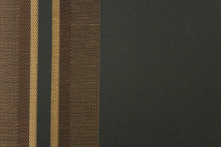  This rich woven yarn dyed fabric features bold multi width striped pattern in brown and gold on a black background