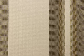  This rich woven yarn dyed fabric features bold multi width striped pattern in dark gold and khaki on a light khaki or cream background. 