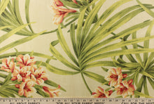 Load image into Gallery viewer, A beautiful large floral print in green, peach, coral, pink, orange and red set against a cream background.
