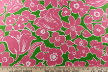 Load image into Gallery viewer,  A Marion Crawley design offering a fun bold floral pattern in bright colors of kelly green background with bright watermelon pink flowers with white outlines. 
