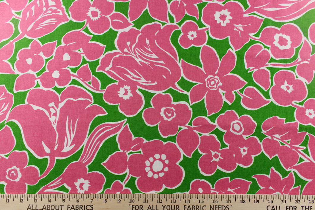  A Marion Crawley design offering a fun bold floral pattern in bright colors of kelly green background with bright watermelon pink flowers with white outlines. 