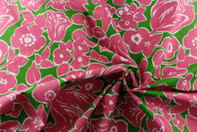 Load image into Gallery viewer,  A Marion Crawley design offering a fun bold floral pattern in bright colors of kelly green background with bright watermelon pink flowers with white outlines. 
