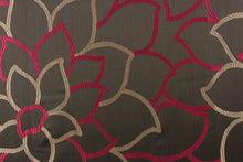 Load image into Gallery viewer, This elegant jacquard fabric features a woven floral design in a deep pink and taupe against a dark brown. 
