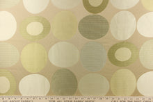 Load image into Gallery viewer,  Stylish, modern and contemporary best describe this geometric pattern of circles and ovals in champagne or cream and gold tones on a beige background.

