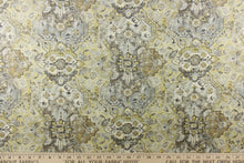 Load image into Gallery viewer, This medium weight fabric features a unique abstract design in muted golds, gray, yellow, off white and charcoal.
