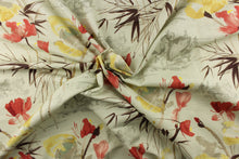 Load image into Gallery viewer, This fabric features a beautiful floral design in brown,  yellow, dark rose pink, beige and pale green with a faint Japanese home design in gray on a off white background. 
