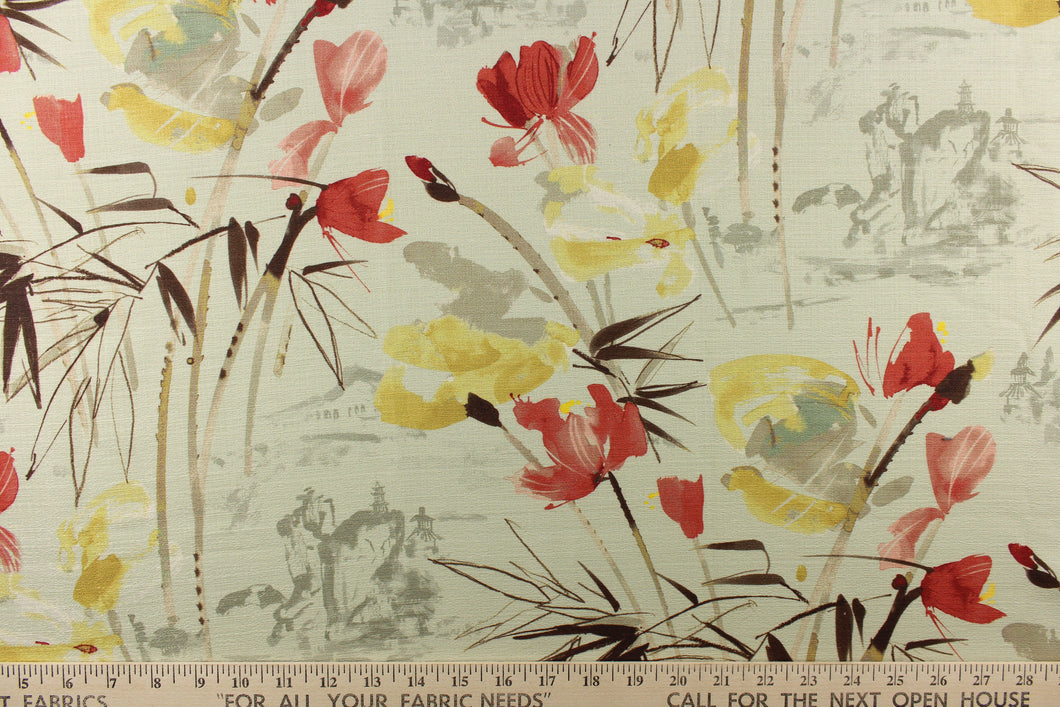 This fabric features a beautiful floral design in brown,  yellow, dark rose pink, beige and pale green with a faint Japanese home design in gray on a off white background. 