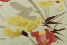 Load image into Gallery viewer, This fabric features a beautiful floral design in brown,  yellow, dark rose pink, beige and pale green with a faint Japanese home design in gray on a off white background. 
