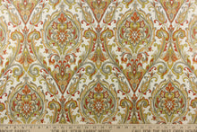 Load image into Gallery viewer,  A gorgeous pattern featuring a framed design with a paisley look in brunt orange, yellow orange, gray, olive green on a beige background. 

