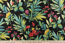 Load image into Gallery viewer, This vibrant fabric features a floral design in greens, teals, reds, yellows, pinks, and purple against a black background.
