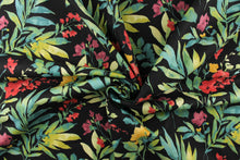 Load image into Gallery viewer, This vibrant fabric features a floral design in greens, teals, reds, yellows, pinks, and purple against a black background.
