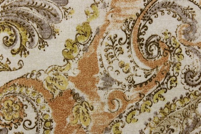 This beautiful fabric feature demask medallion design in brown, gray, spice orange, and a yellow green against a off white. 
