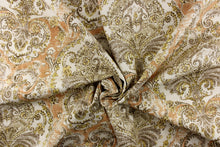 Load image into Gallery viewer, This beautiful fabric feature demask medallion design in brown, gray, spice orange, and a yellow green against a off white. 
