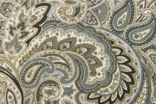 Load image into Gallery viewer, This fabric features a paisley design in blue tones, gray, white, brown, and khaki tones. 
