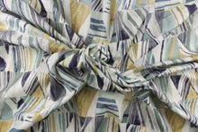 Load image into Gallery viewer,  This fabric features a beautiful geometric design in blue, mute gold, blue green, gray, light khaki and white. 
