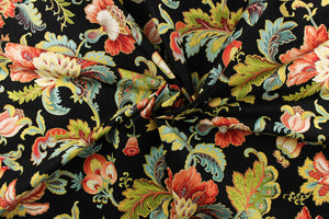 This fabric features a stunning floral design in yellow, pale blue, peach, burgundy, teal, green, red, beige, hints of white and outlined in gold against a black background.