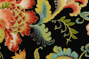 This fabric features a stunning floral design in yellow, pale blue, peach, burgundy, teal, green, red, beige, hints of white and outlined in gold against a black background.