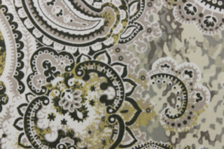 This fabric features a beautiful paisley design in colors gray, mute gold, dark green, and white with hints of off white.