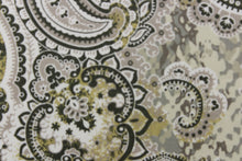 Load image into Gallery viewer, This fabric features a beautiful paisley design in colors gray, mute gold, dark green, and white with hints of off white.
