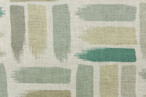  This fabric features a geometric design of horizontal  and vertical short brush strokes in shades of green, blue green, gray tones and beige tones on a natural or off white background. 