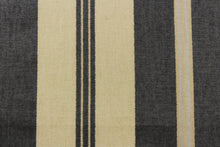 Load image into Gallery viewer, This formal Chintz fabric features a  dark gray and sliver stripe against a beige or natural background.
