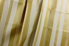 Load image into Gallery viewer, This formal  Chintz fabric features a gold stripes with a cream background  
