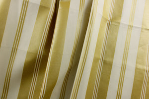 This formal  Chintz fabric features a gold stripes with a cream background  