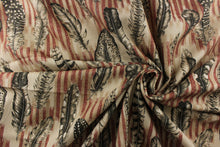 Load image into Gallery viewer, The cayenne color features a finely detailed feathers on a muted red stripe with black feathers on a tan background.
