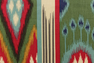  This luxurious linen offers an ikat design with green, navy blue, red, khaki brown, gray, mustard yellow, turquoise and natural/cream colors.