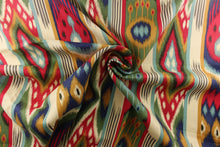 Load image into Gallery viewer,  This luxurious linen offers an ikat design with green, navy blue, red, khaki brown, gray, mustard yellow, turquoise and natural/cream colors.
