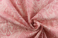 Load image into Gallery viewer, This elegant fabric from the Enchanted Garden collection offers a beautiful damask design in shades of pink , peach pink and blush pink on a white background.
