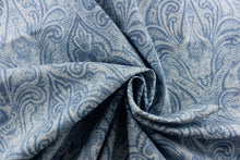 Load image into Gallery viewer,   This elegant fabric from the Enchanted Garden collection offers a beautiful damask design in an ocean blue and dusty blue on a white background.
