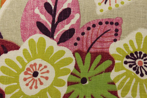 We offer this  beautiful large floral pattern in a beige background with colors in deep pink, spa blue, lime green, sunset orange, blush pink, with white and plum purple defining the flowers. 