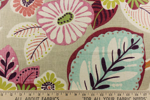 We offer this  beautiful large floral pattern in a beige background with colors in deep pink, spa blue, lime green, sunset orange, blush pink, with white and plum purple defining the flowers. 