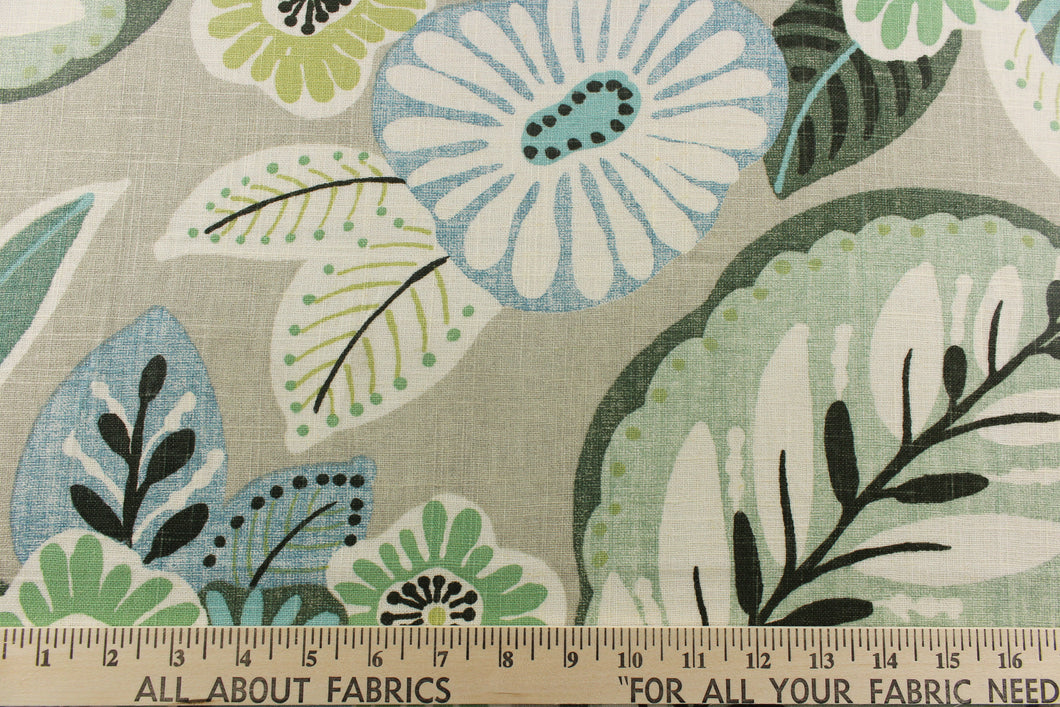  This beautiful large floral pattern in a light gray background with dark and light  colors of green, some light blue, and  white and black defining the flowers. 