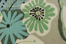 Load image into Gallery viewer,  This beautiful large floral pattern in a light gray background with dark and light  colors of green, some light blue, and  white and black defining the flowers. 
