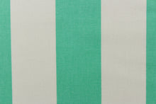 Load image into Gallery viewer,   This outdoor fabric features a wide stripe design in white and light green.
