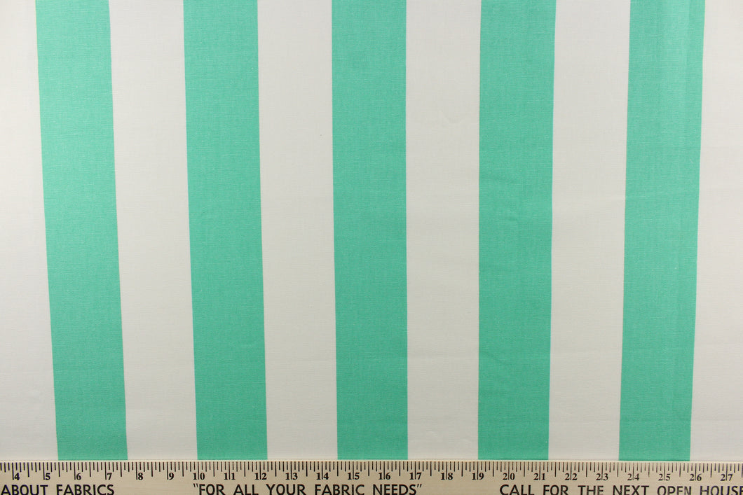   This outdoor fabric features a wide stripe design in white and light green.