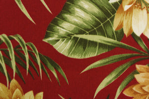 This Solarium outdoor print features a large tropical floral design in green and beige on a dark red background. This versatile, long-lasting fabric can withstand up to 500 hours of sunlight, water and stain resistant and has 10,000 double rubs.  It is perfect for lounge cushions, pool furniture, tablecloths, decorative pillows and upholstery projects.  This fabric has a slightly stiff feel but is easy to work with.  