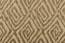 Load image into Gallery viewer, This fabric features a geometric print in the colors of brown and tan.  It has a soft drapable hand and would be ideal for swags, window scarves and drapery panels.
